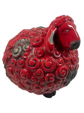 Red & Black Ceramic Sheep Figurine With Swirled Textured Design